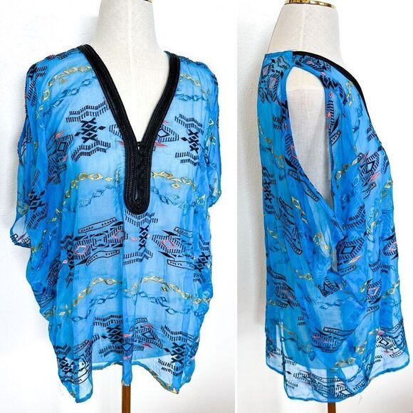 Southwestern Sheer Silk embroidered blouse OS - Picture 1 of 4